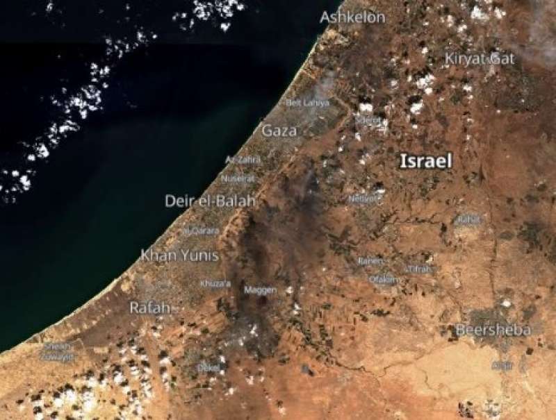 La Striscia di Gaza e un pezzo di Israele fotografati dal satellite Copernicus