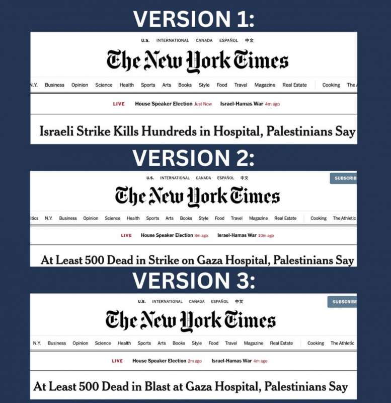 LE TRE VERSIONI DELL ARTICOLO DEL NEW YORK TIMES SUL BOMBARDAMENTO ALL OSPEDALE DI GAZA