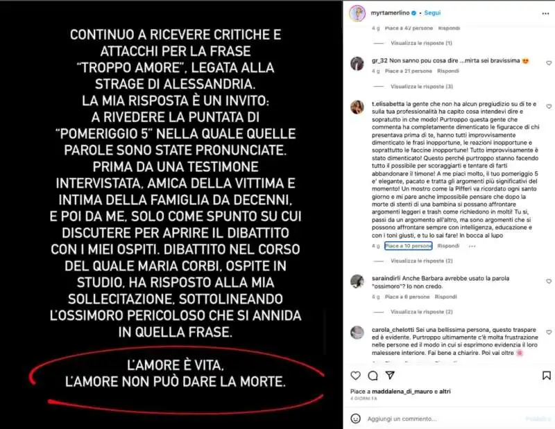 myrta merlino e il like al commento che critica barbara d'urs