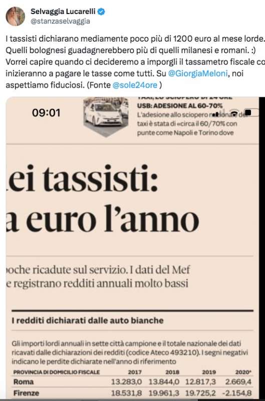 post di selvaggia lucarelli sui redditi dei tassisti