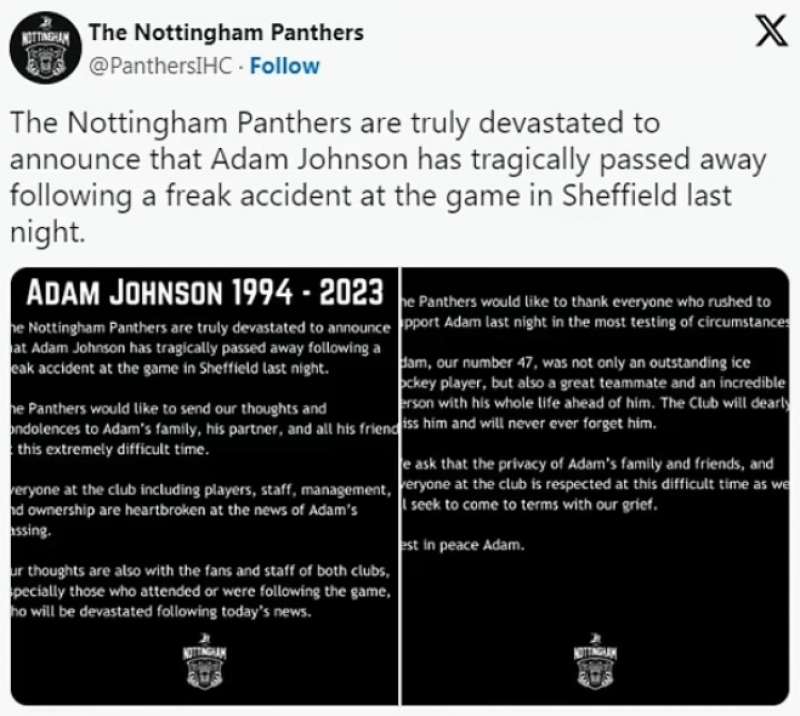 tweet del nottingham panthers sulla morte di adam johnson