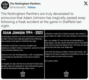 tweet del nottingham panthers sulla morte di adam johnson