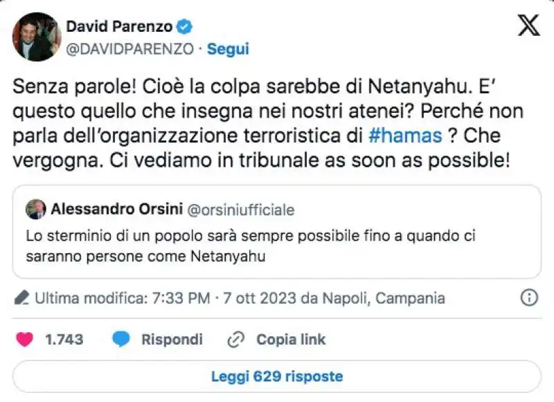 TWEET DI ALESSANDRO ORSINI SU NETANYAHU E RISPOSTA DI DAVID PARENZO

