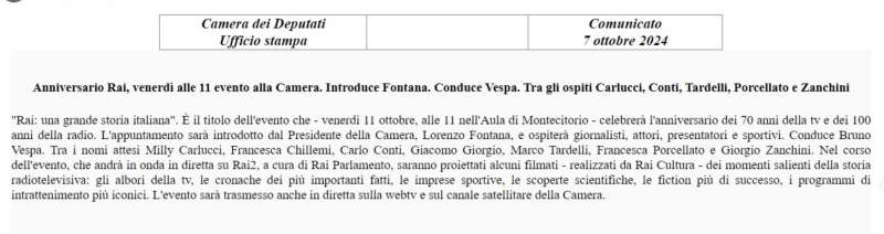 comunicato stampa della Camera per l'evento Rai con conduzione Vespa