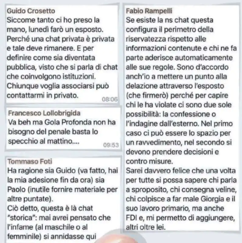 I BIG DI FRATELLI D ITALIA CONTRO LA TALPA IN CHAT - SCREENSHOT PUBBLICATO DAL FATTO QUOTIDIANO