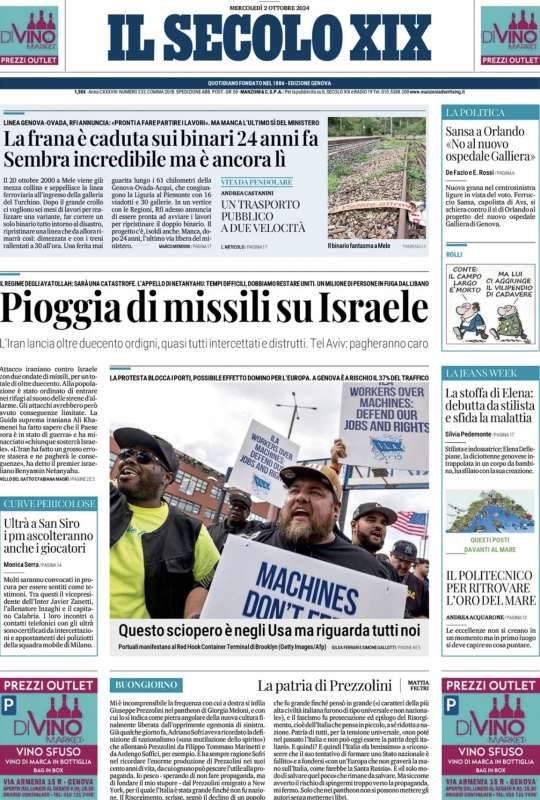 IL SECOLO XIX - PRIMA PAGINA DEL 2 OTTOBRE 2024