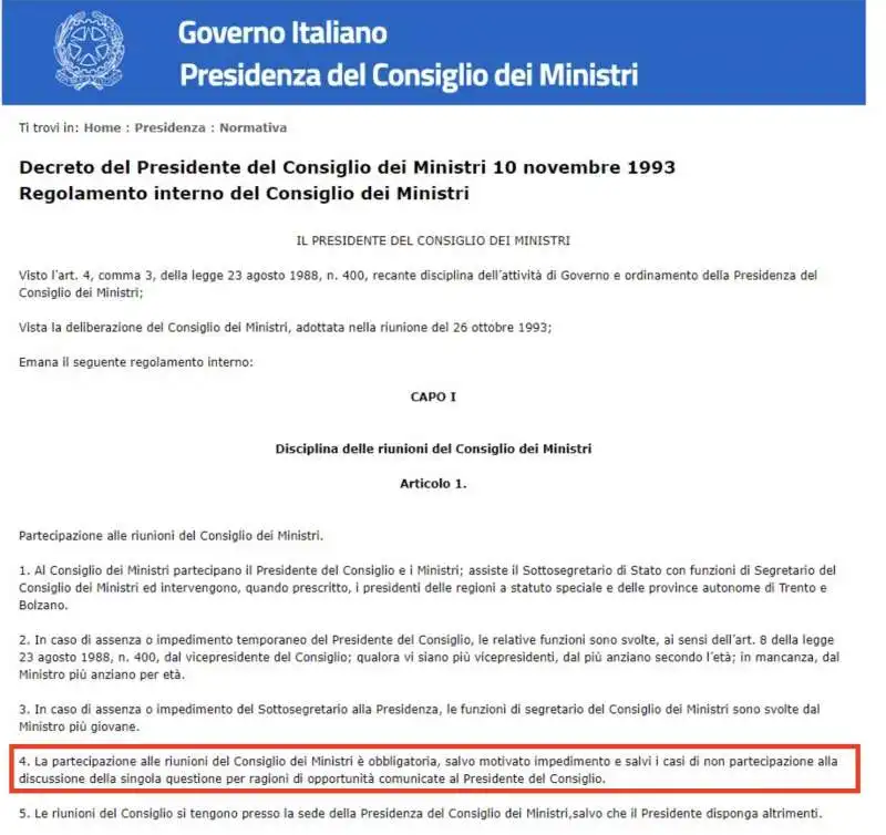 LA PARTECIPAZIONE OBBLIGATORIA AL CONSIGLIO DEI MINISTRI NEL DECRETO DEL PRESIDENTE DEL CONSIGLIO DEL 1993