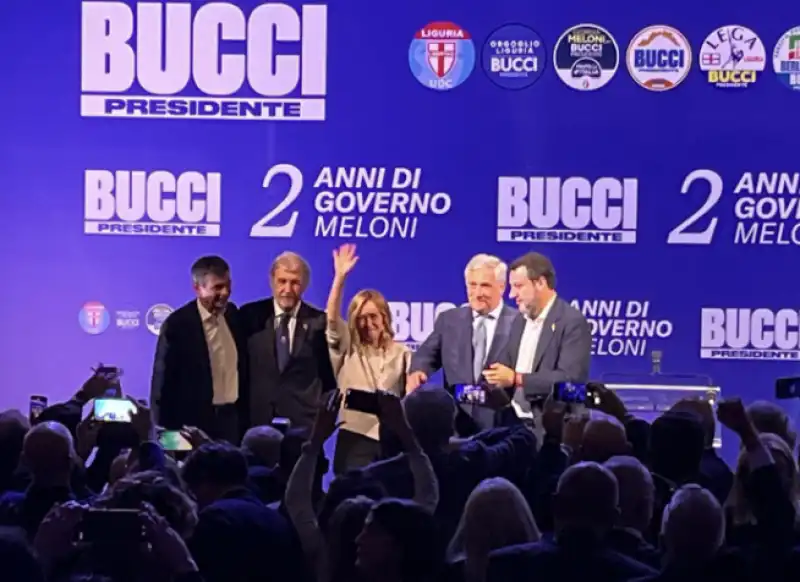 MAURIZIO LUPI MARCO BUCCI GIORGIA MELONI MATTEO SALVINI E ANTONIO TAJANI A GENOVA