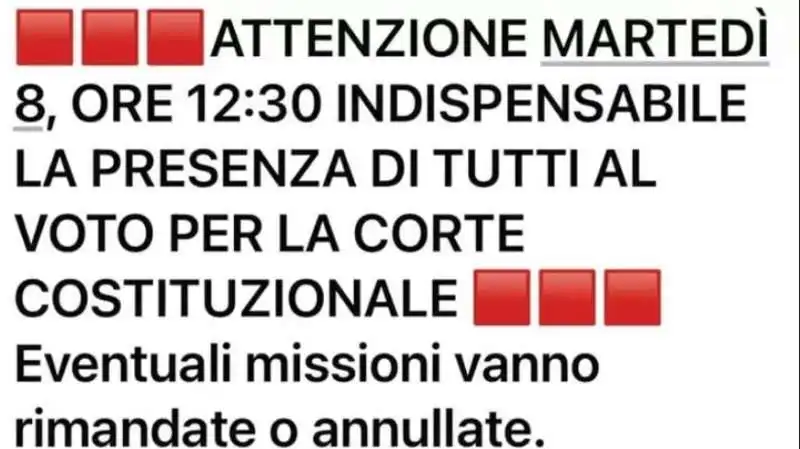 MESSAGGIO INVIATO AI PARLAMENTARI DI FRATELLI D'ITALIA PER IL VOTO SULLA CONSULTA 