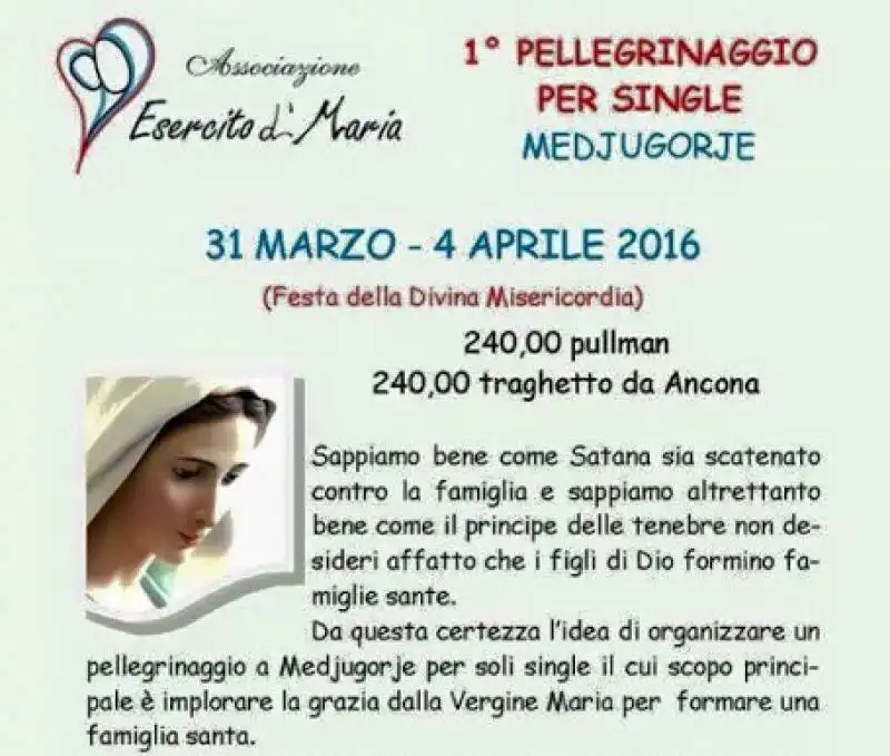 esercito di  maria pellegrinaggio a medjugorje per single