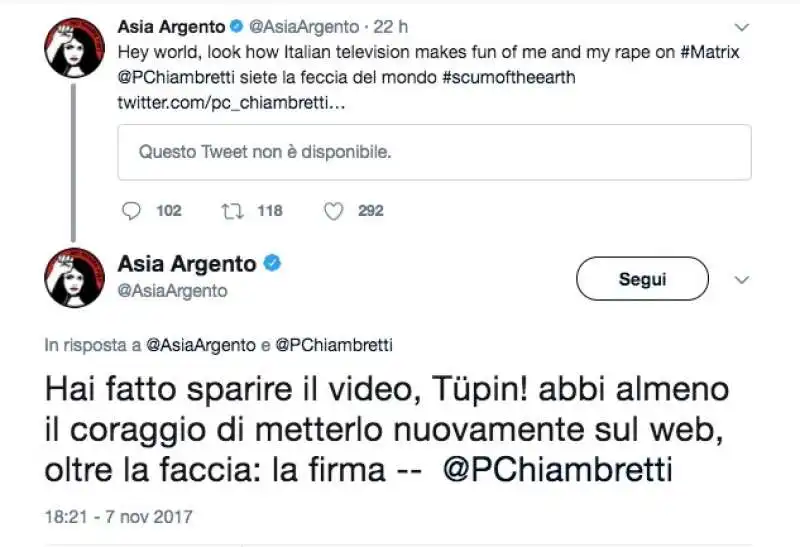 ASIA ARGENTO CONTRO PIERO CHIAMBRETTI 