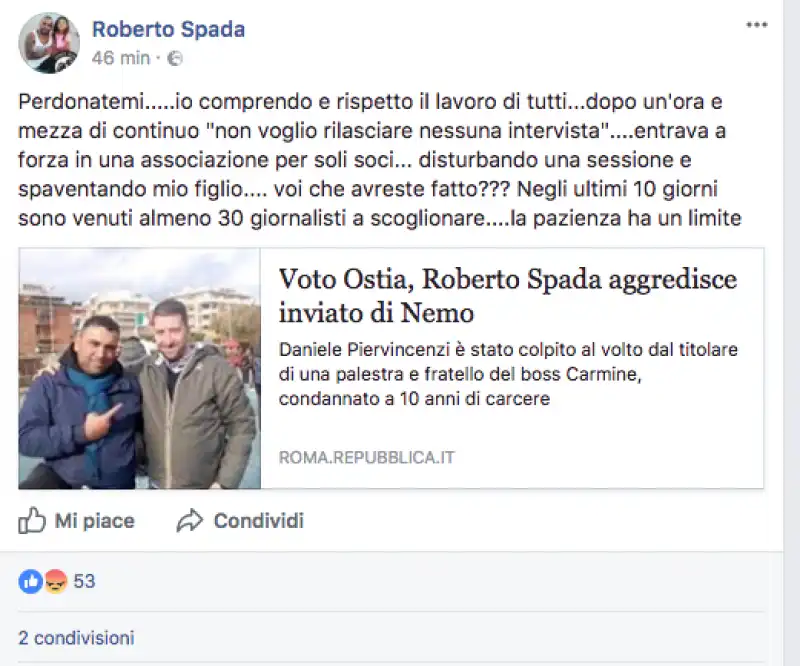 IL POST DI ROBERTO SPADA DOPO L AGGRESSIONE