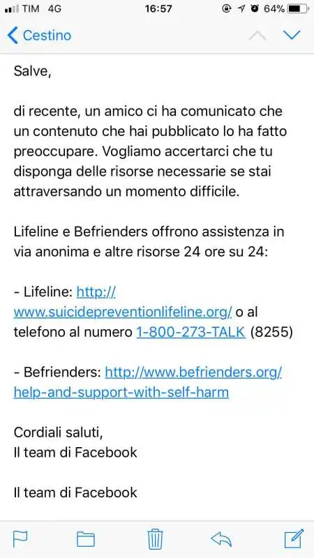 messaggio di facebook per prevenire i suicidi