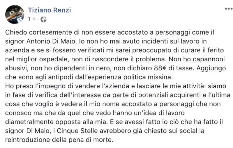 IL POST FACEBOOK DI TIZIANO RENZI SUL PADRE DI DI MAIO