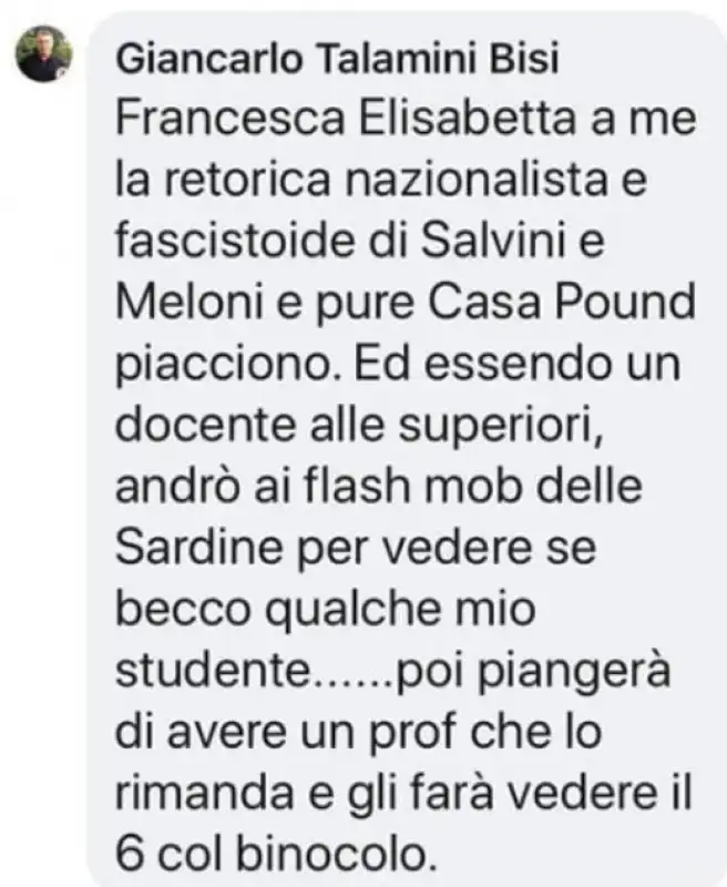 il post del professore di fiorenzuola anti sardine giancarlo talamini bisi 1