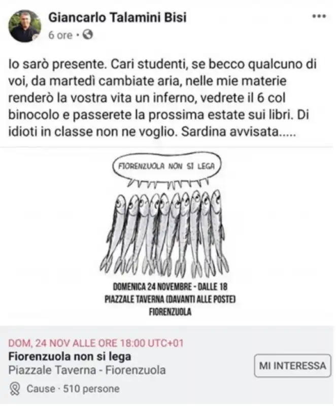 il post del professore di fiorenzuola anti sardine giancarlo talamini bisi