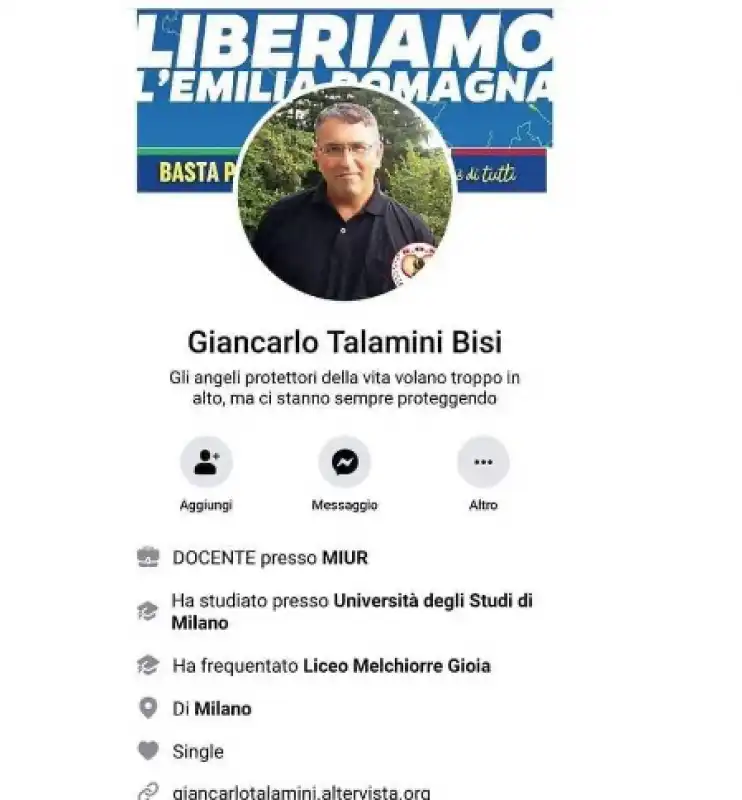 IL PROFILO FACEBOOK  DEL PROFESSORE DI FIORENZUOLA ANTI-SARDINE GIANCARLO TALAMINI BISI