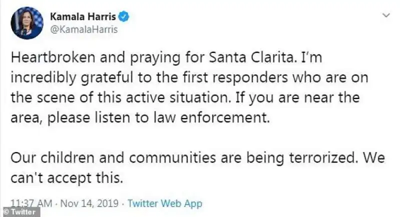 il tweet di kamala harris sulla sparatoria in un liceo di santa clarita, in california