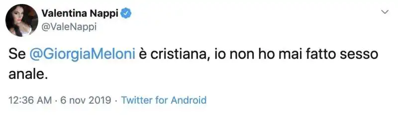 IL TWEET DI VALENTINA NAPPI CONTRO GIORGIA MELONI