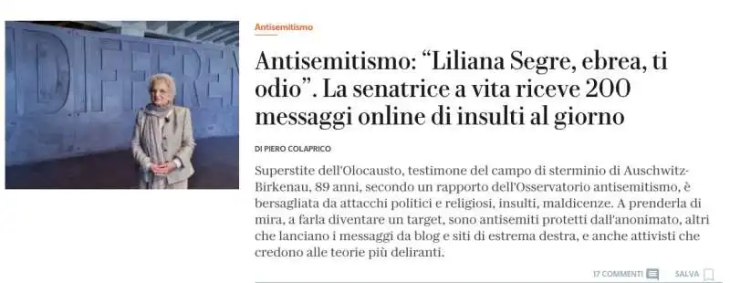 l articolo di pietro colaprico su liliana segre  