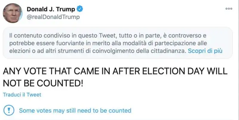 DONALD TRUMP CHIEDE LA FINE DEL CONTEGGIO DEI VOTI