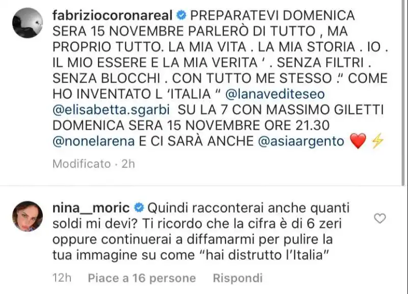 FABRIZIO CORONA GILETTI NINA MORIC