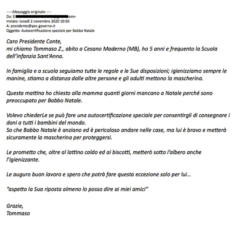 il messaggio del bimbo a giuseppe conte su babbo natale