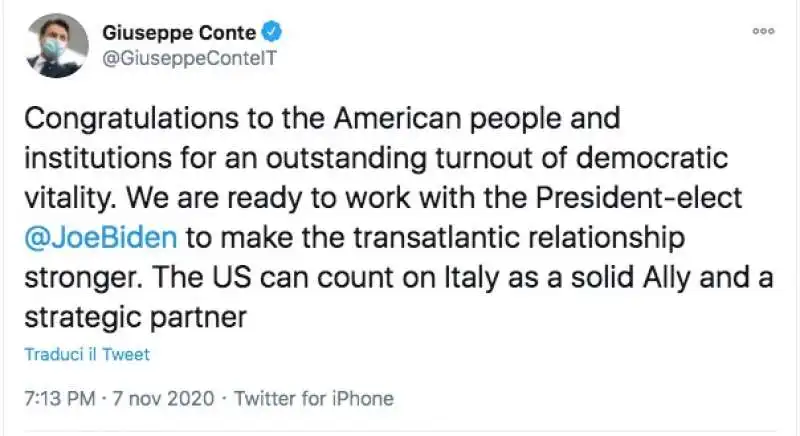 IL PRIMO TWEET DI CONTE SU BIDEN