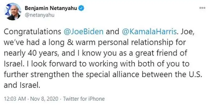 IL TWEET DI NETANYAHU SU BIDEN E HARRIS