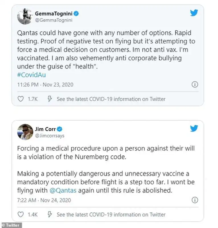 tweet contro obbligo vaccinale negli aerei qantas