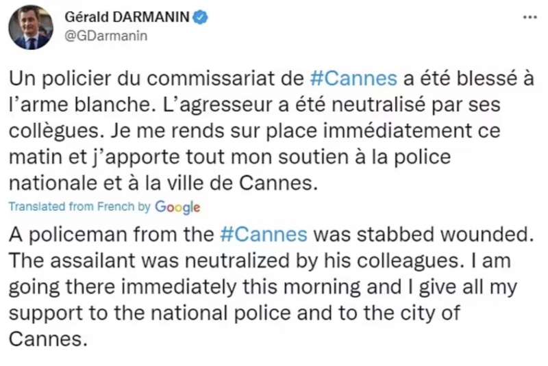 il tweet del ministro dell'interno darmanin sull accoltellamento a cannes