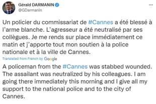 il tweet del ministro dell'interno darmanin sull accoltellamento a cannes