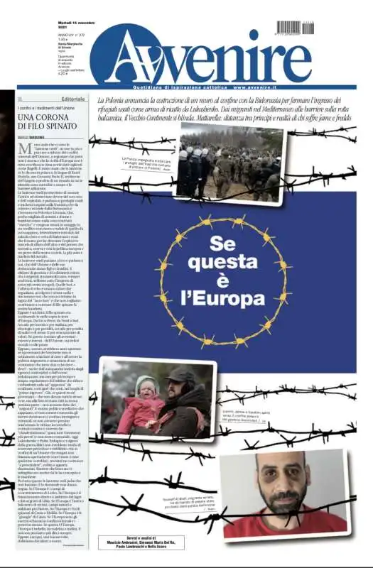 LA COPERTINA DI AVVENIRE SULLA CRISI DEI MIGRANTI  TRA POLONIA E BIELORUSSIA