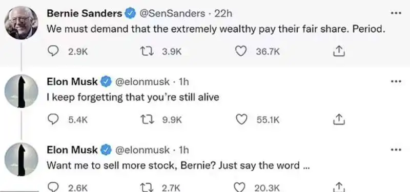 scazzo su twitter tra bernie sanders e elon musk