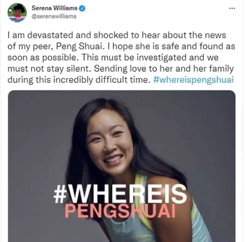 tweet di serena williams su peng shuai 