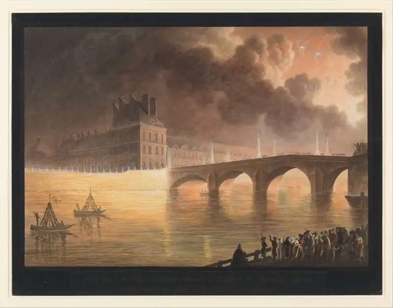 francesco piranesi e francois jean sablet fete pour la paix ge??ne??rale donne??e a?? paris le 18 brumaire   pont du carrousel incisione acquerello e gua