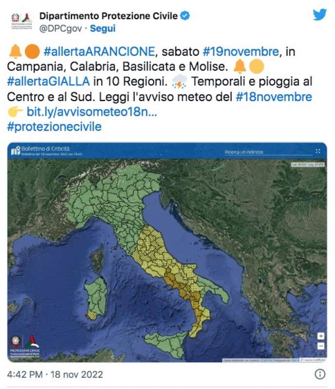 ALLERTA METEO 19 NOVEMBRE 2022