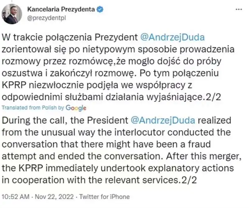 andrzej duda su twitter commenta la finta telefonata di macron   2