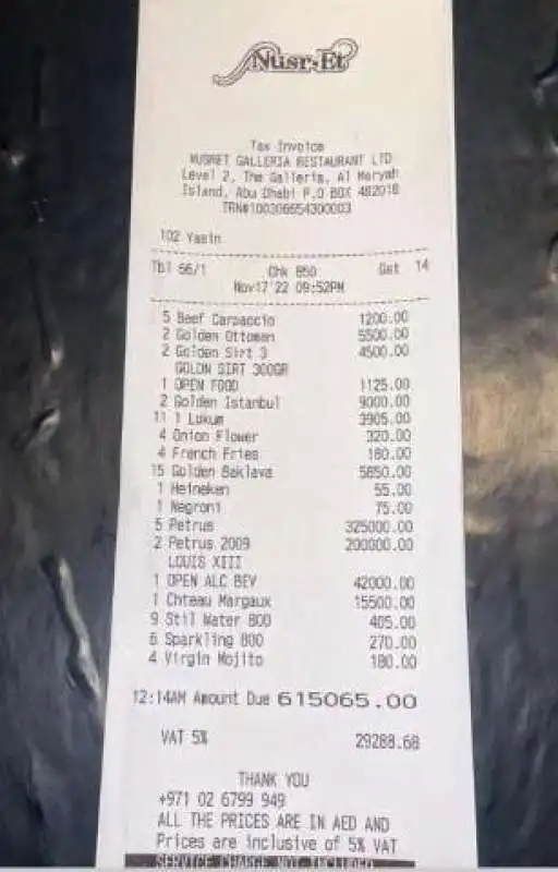 conto da 161mila euro al ristorante di salt bae