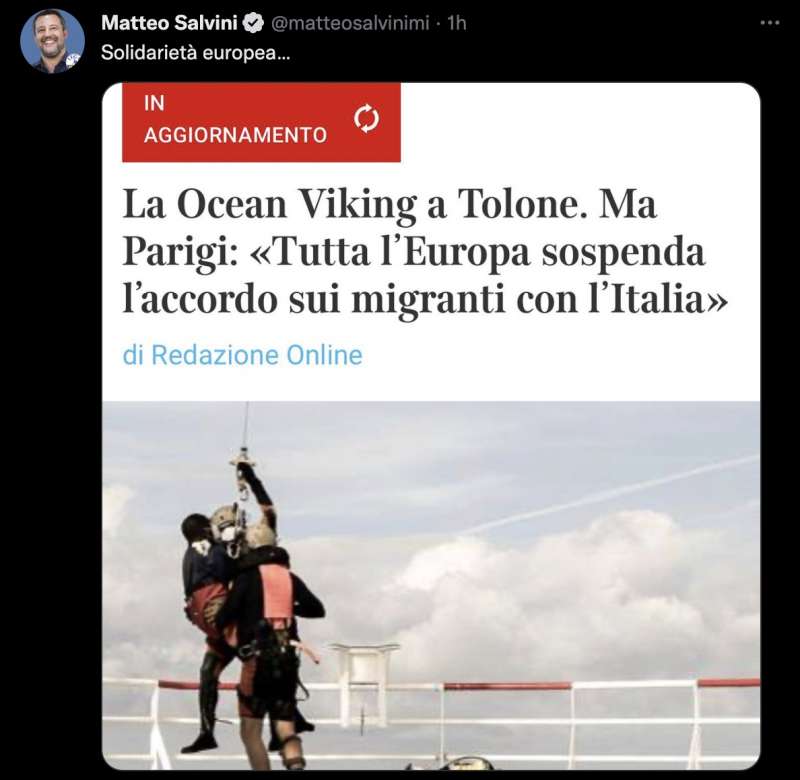 IL TWEET DI SALVINI SUL CASO OCEAN VIKING