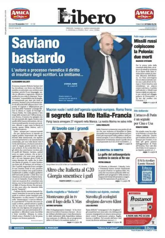 SAVIANO BASTARDO - LA PRIMA PAGINA DI LIBERO DEL 16 NOVEMBRE 2022