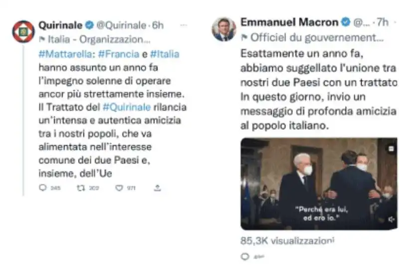 SCAMBIO DI TWEET MACRON MATTARELLA - ANNIVERSARIO TRATTATO DEL QUIRINALE 