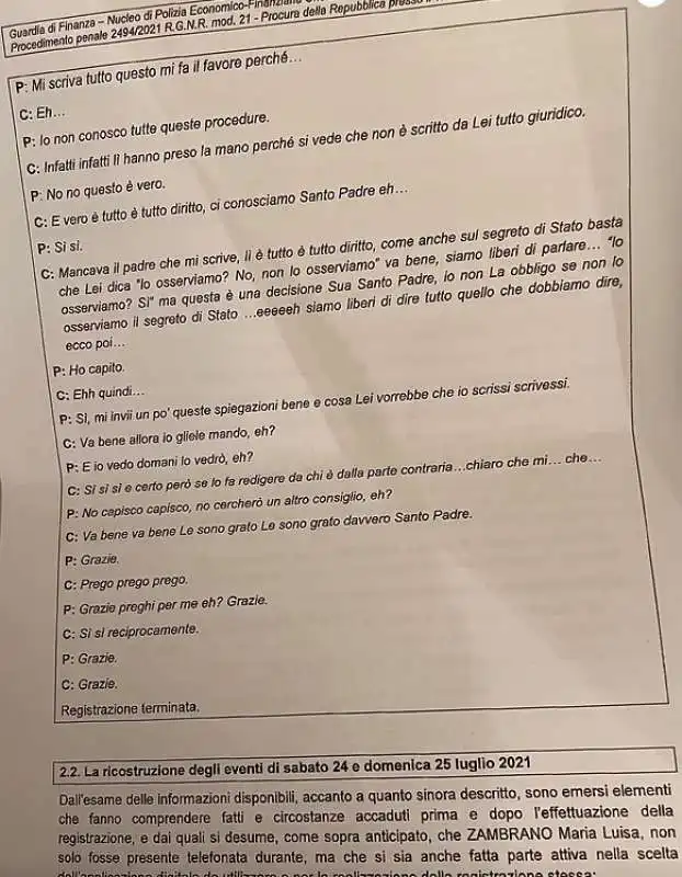 TRASCRIZIONE DELLA REGISTRAZIONE TRA ANGELO BECCIU E PAPA FRANCESCO 