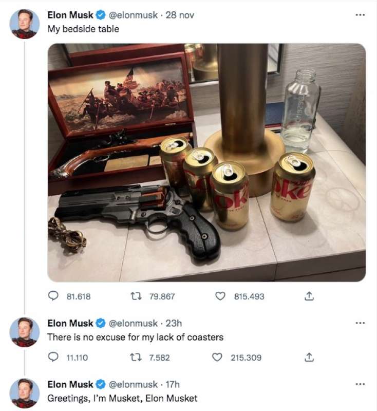 tweet di elon musk con pistola sul comodino