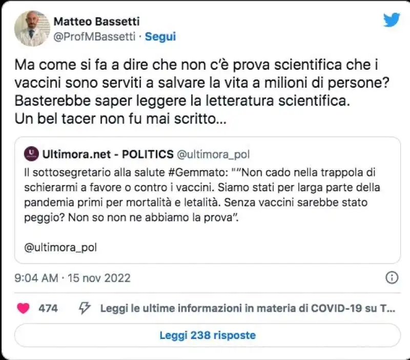 TWEET DI MATTEO BASSETTI CONTRO MARCELLO GEMMATO