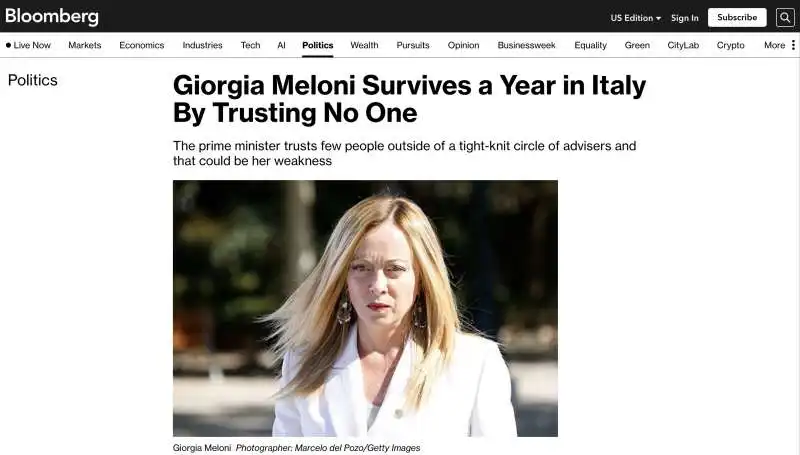 ARTICOLO DI BLOOMBERG SUL PRIMO ANNO DI GIORGIA MELONI 