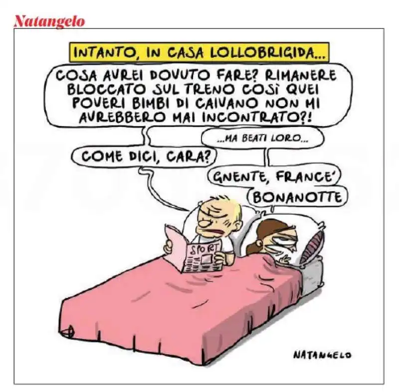 IL FRECCIAROSSA FERMATO A CIAMPINO - LA REAZIONE A CASA LOLLOBRIGIDA-MELONI - VIGNETTA DI NATANGELO