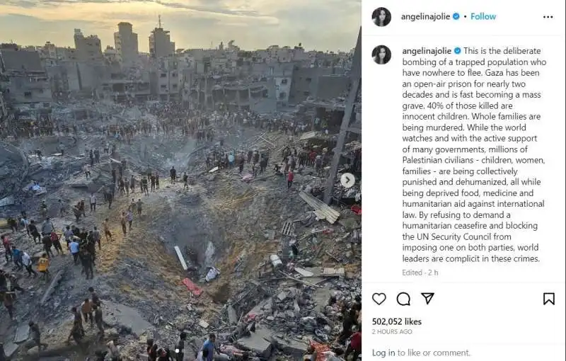 il post di angelina jolie in sostegno di gaza