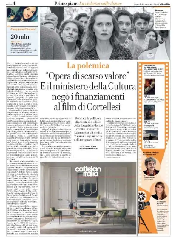 L ARTICOLO DI REPUBBLICA SUI MANCATI FINANZIAMENTI AL FILM DI PAOLA CORTELLESI 