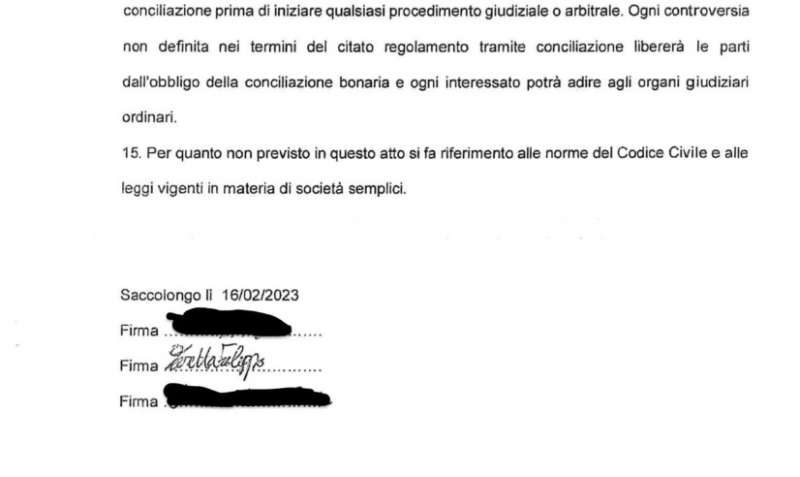 LA FIRMA DI FILIPPO TURETTA PER LA COSTITUZIONE DELLA SOCIETA AGRICOLA CALTO FREDO